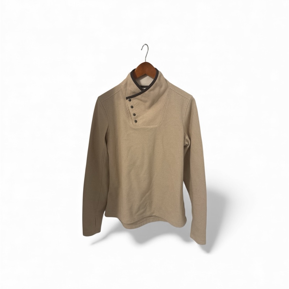 White Sierra Button Neck Long Sleeve Shirt Thumb Holes Tan Women's Medium